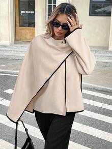 Serisse 女士休闲落肩羊毛大衣，带围巾领，保暖，适合秋季、冬季、新年、派对、婚礼、毕业典礼等场合，优雅休闲，领口设计大衣 - 杏色 - 查看 1