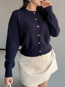 Dazy Plus Plus Size Women's Loose Fit Crew Neck Long Sleeve Cardigan Sweater, Dark Color Fall,Winter