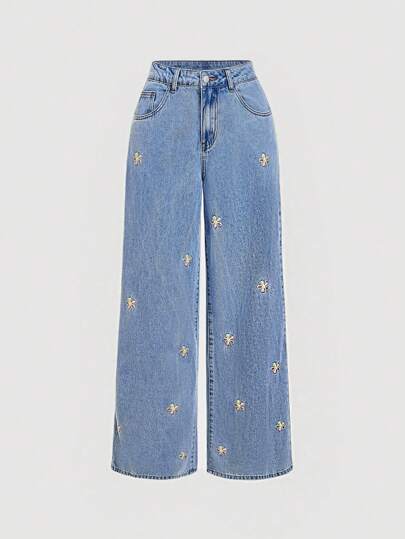 SHEIN MOD 女士休闲水洗花卉刺绣阔腿牛仔裤