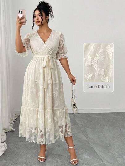 Modelyn Vestido casual de verano de talla grande con mangas abullonadas, cruzado y envolvente, con parches de encaje