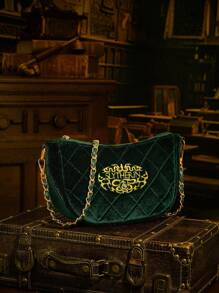 HARRY POTTER X SHEIN 女士字母刺绣绿色拉链时尚单肩包