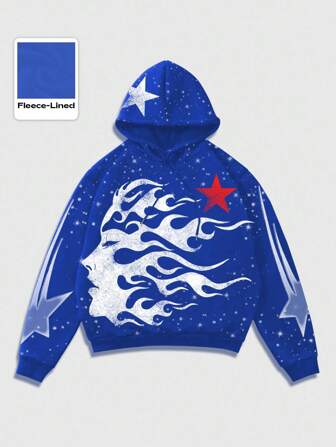 Street Life Sudadera con capucha de felpa con cordón, estampado de llamas y estrellas, estilo casual urbano para hombre, otoño/invierno