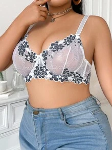 SHEIN 1 buah Bra Berkawat Renda Elegan Ukuran Plus - Hitam dan Putih - View 5