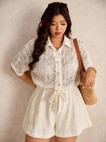 Elaquor Plus Size Solid Color Jacquard Romper, Casual Holiday,Teacher Outfits For Women