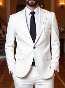 Manfinity Bizformal 男士纯色商务通勤西装套装：夹克和裤子 - 白色 - 查看 1