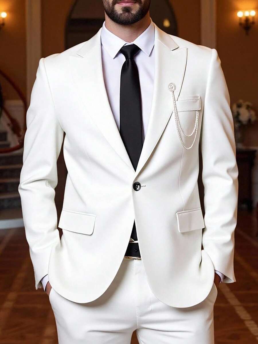 Manfinity Bizformal 男士纯色商务通勤西装套装：夹克和裤子 - 白色 - 查看 1