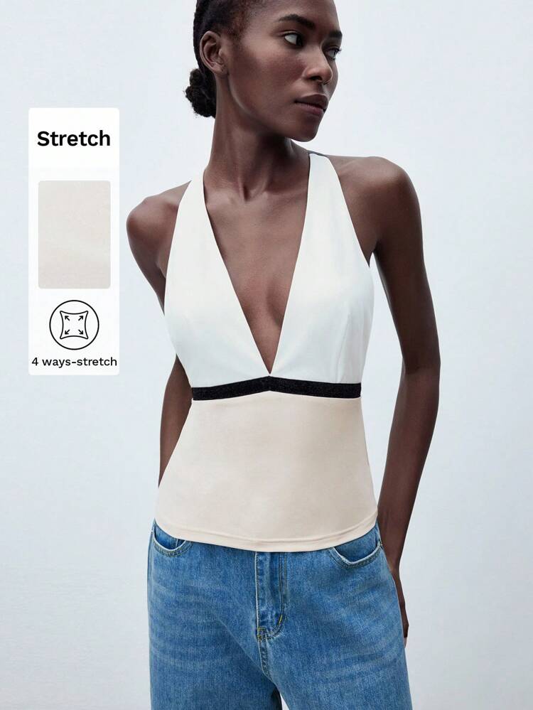 SHEIN Maija Women's Summer Contrast Color Criss-Cross Backless Slim Fit Sexy Halter Top Tie Back Top Open Back Tops Backless Tops Backless Shirts Backless Halter Top,Going Out Top