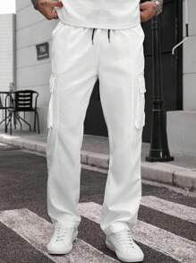 Manfinity CasualCool Pantaloni cargo casual da uomo di colore bianco, pantaloni cargo bianchi da uomo, pantaloni jogger bianchi da uomo. Pantaloni casual da uomo con vita con coulisse e gamba dritta, tasche laterali, tinta unita, adatti per l'autunno e le vacanze - Bianco - Visualizzare 5