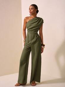 Zivah 2025 春夏新品 音乐节、复活节、圣帕特里克节、西部风、游牧风、生日派对、毕业典礼、校园风、学生装、日常休闲、度假、邮轮旅行、海滩、日光浴、街头风、优雅不对称纹理面料棕色连体裤 - 軍綠色 - 查看 6