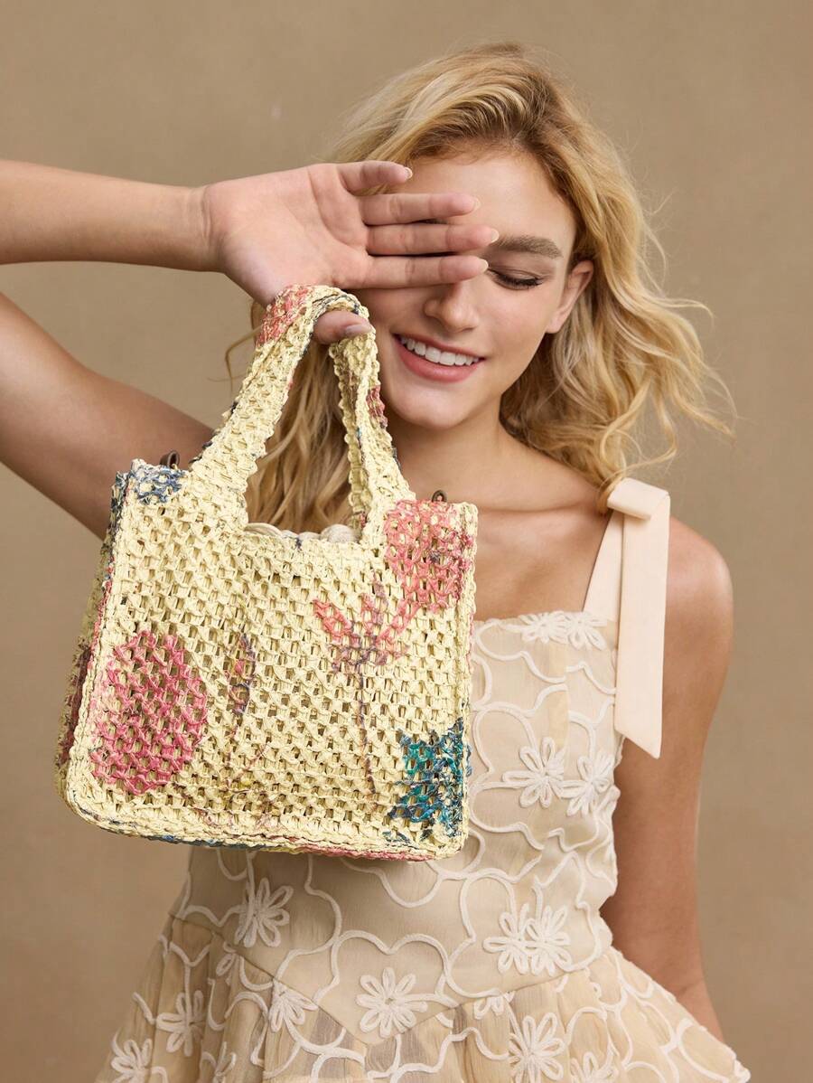 MOTF PREMIUM 花卉图案编织托特包 - 米色 - 查看 2