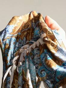 SHEIN ICON 交叉带链条装饰复古佩斯利印花露背吊带紧身衣