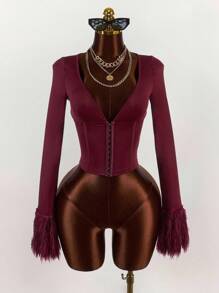 Amplova Fall Clothes For Women Winter Clothes Corset Metal Button Decor Fringed Tight Fit Jacket Elegant Burgundy Knit Cropped Jacket With Feathered Sleeves And Sophisticated Fit