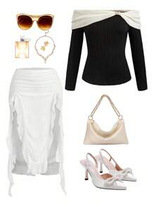 Velvienne Suéter elegante de hombros descubiertos con bloques de color para tallas grandes