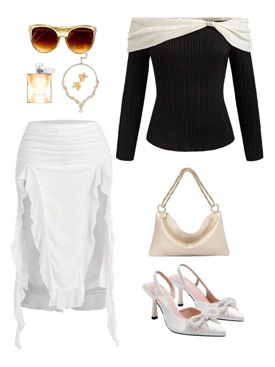 Velvienne Suéter elegante de hombros descubiertos con bloques de color para tallas grandes