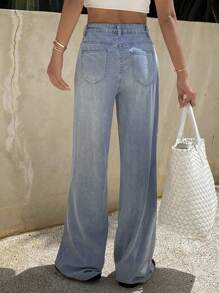 DAZY Jeans amples à jambes larges pour femmes, taille à cordon de serrage, style western décontracté, été - Bleu azur - Voir 2