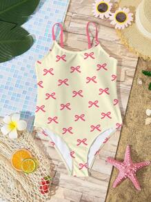 SHEIN Leap Crew Tween 女童休闲简约设计连体泳衣，适合夏季