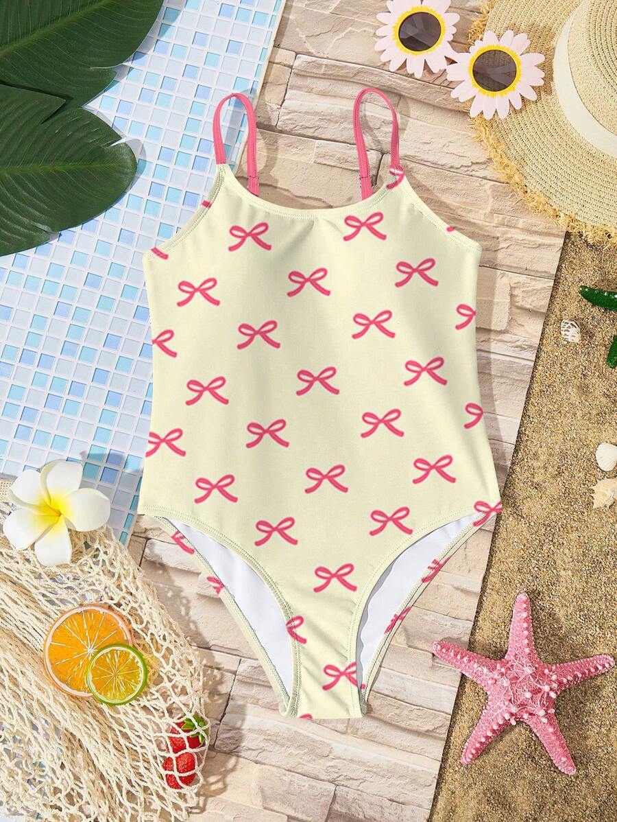 SHEIN Leap Crew Tween 女童休闲简约设计连体泳衣，适合夏季