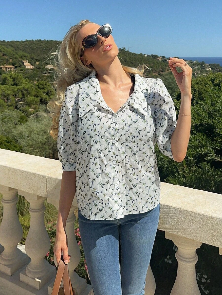 Chiquease 复古碎花衬衫，甜美设计，修身剪裁，法式短袖衬衫，适合夏季和春季休闲学院风穿着。 - 白色 - 查看 1