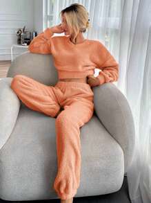 RueChic Solid Drop Shoulder Teddy Pullover & Pants - Orange - View 4