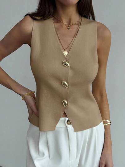Aloruh Women's Metal Single-Breasted V-Neck Casual Knit Sweater Vest In Fall/Winter Summer Holiday Simple Commuter Sweater Vest With Unique Metal Buckle Office