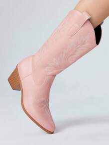 ROMWE Fairycore 女式 2025 春秋新款刺绣尖头一脚蹬粗跟西部牛仔靴，粉色