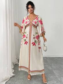 Modelyn 大码女式梭织度假花卉印花 V 领修身 A 字连衣裙，适合居家、外出、约会 - 彩色 - 查看 5