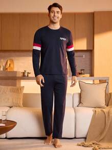 Bộ đồ ngủ họa tiết chữ tương phản dành cho nam/Bộ đồ ngủ, Quần áo mùa thu - Màu xanh hải quân - Xem 3
