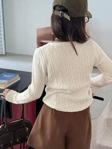 Dazy Kids Áo len thêu cổ tròn cho bé gái, Quần áo mùa thu - trắng - Xem 5