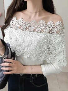 FRIFUL 女式白色拼布透明蕾丝面料纹理露肩休闲百搭 T 恤，适合秋季外出