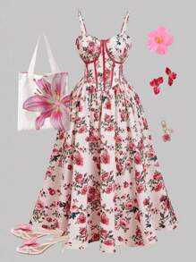 SHEIN MOD Robe midi bohème à fleurs grande taille avec bretelles spaghetti pour les fêtes de jardin, robe cami femme avec imprimé floral et bordure color block, style peinture, robes pour femmes été/automne, robe rétro pastorale, robe d'anniversaire robe midi à fleurs robe de fête de jardin robe imprimée rose robe midi à corset, robe décontractée d'anniversaire pour femme robe midi, robe de cocktail pour invitée de mariage, robes d'anniversaire pour femmes robe chic robe de laitière - Multicolore - Voir 1