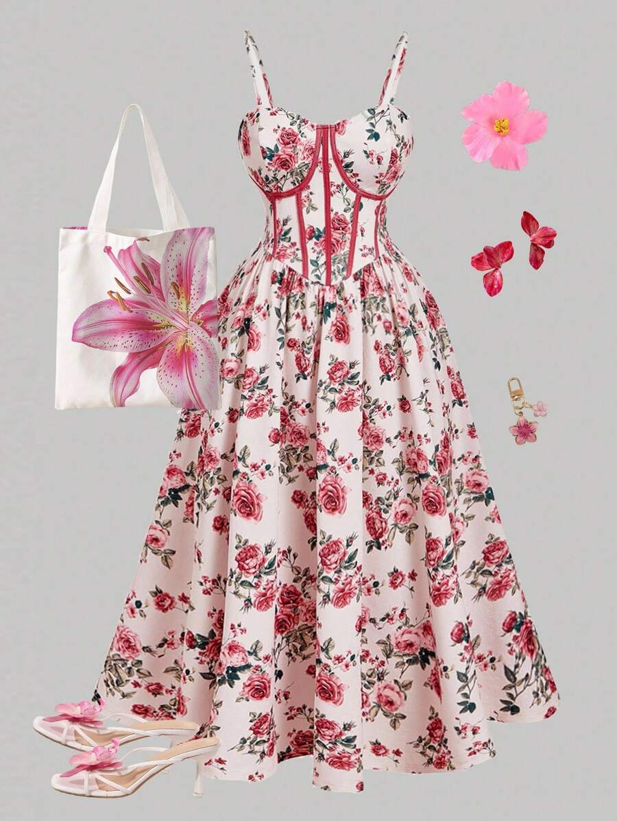 SHEIN MOD Robe midi bohème à fleurs grande taille avec bretelles spaghetti pour les fêtes de jardin, robe cami femme avec imprimé floral et bordure color block, style peinture, robes pour femmes été/automne, robe rétro pastorale, robe d'anniversaire robe midi à fleurs robe de fête de jardin robe imprimée rose robe midi à corset, robe décontractée d'anniversaire pour femme robe midi, robe de cocktail pour invitée de mariage, robes d'anniversaire pour femmes robe chic robe de laitière - Multicolore - Voir 1