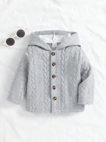 SHEIN 浅灰色男婴连帽长袖外套，绗缝设计，舒适保暖，适合秋冬季日常穿着。 - 灰色 - 查看 1