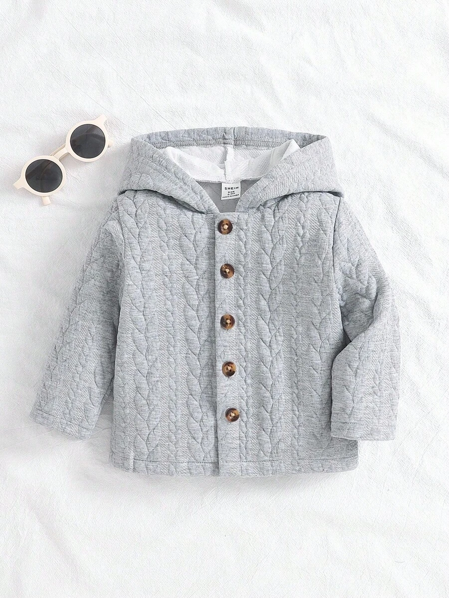 SHEIN 浅灰色男婴连帽长袖外套，绗缝设计，舒适保暖，适合秋冬季日常穿着。 - 灰色 - 查看 1