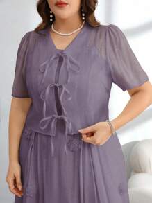 Modelyn 女士雪纺短袖系带夹克 + 花卉装饰吊带背心连衣裙 2 件套 - 紫色 - 查看 3