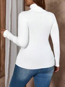 SHEIN LUNE 3pcs/Set Plus Size Women Solid Color Turtleneck Sweater,Autumn Ribbed Long Sleeve Fitted Top,Black And White,Smart Casual,Office,Back-To-School Fall - Pink - View 2