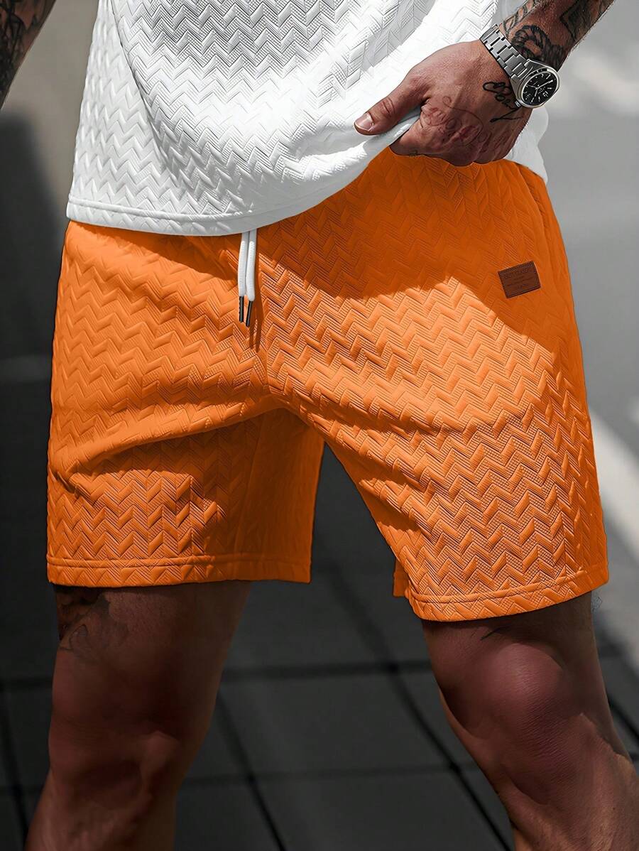 Manfinity CasualCool 男士皮革贴片抽绳短裤，送给男朋友或丈夫的贴心礼物，最佳度假休闲之选 - 亮橙色 - 查看 1