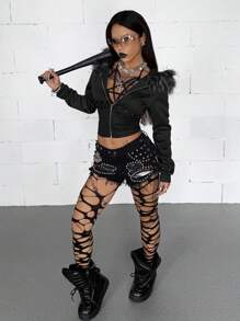 Coolane 女士冬季/四季节日嬉皮街头风休闲Y2K Grunge铆钉毛领拉链连帽卫衣黑色锐舞 - 黑色 - 查看 2