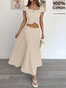 Siren Gaze 女士纯色单排扣短袖露脐上衣和半裙休闲两件套夏季 - 杏色 - 查看 3