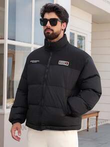 DAZY Men's Letter Print Patchwork Contrast Color Stand Collar Thick Padded Coat, Winter Jacket - Black - View 3