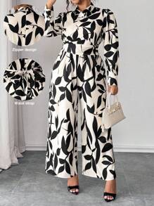 Elenzga 新款优雅花卉印花连体裤，收腰，长腿褶皱阔腿，适合大码女装 - 彩色 - 查看 1