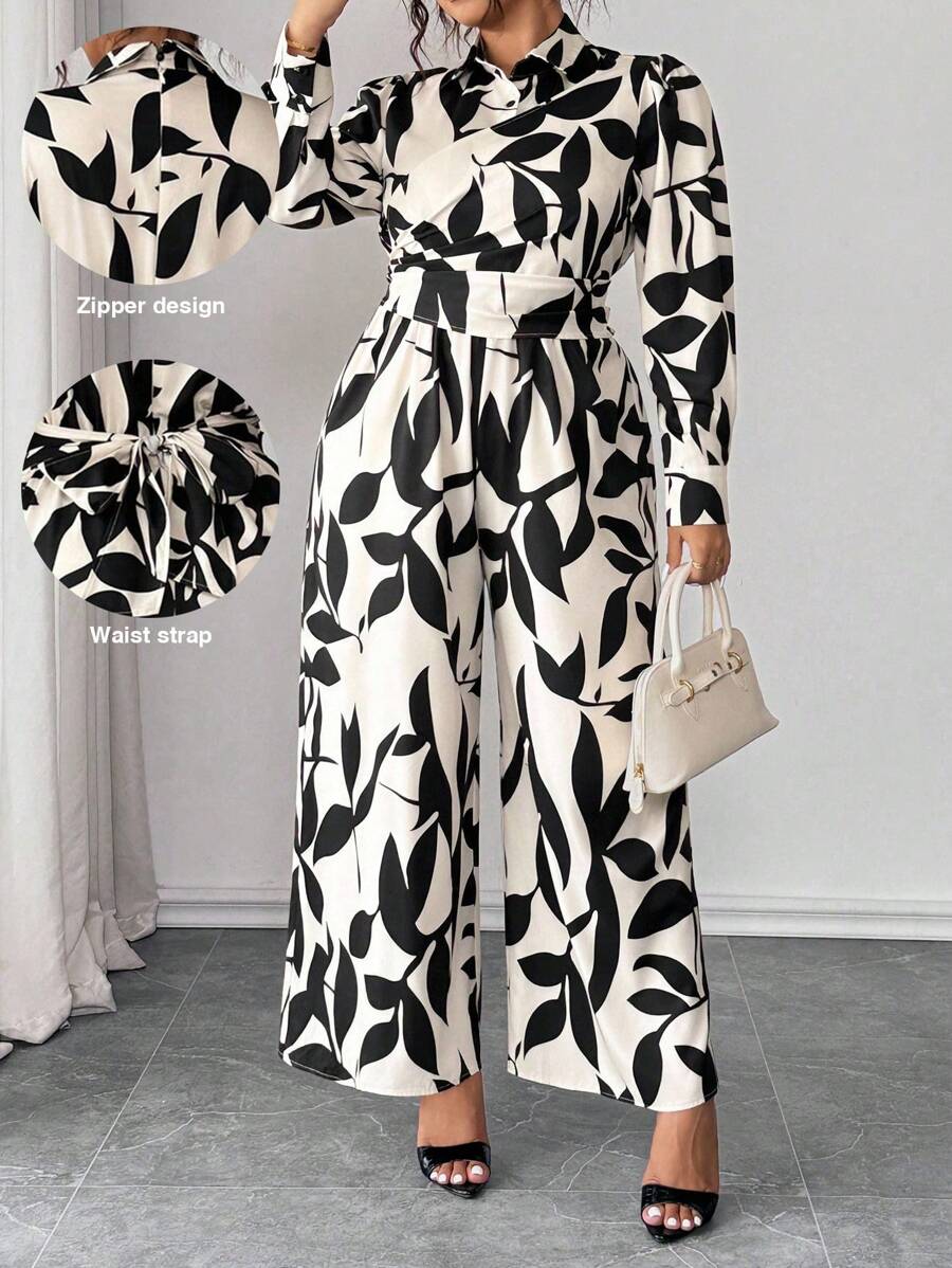 Elenzga 新款优雅花卉印花连体裤，收腰，长腿褶皱阔腿，适合大码女装 - 彩色 - 查看 1