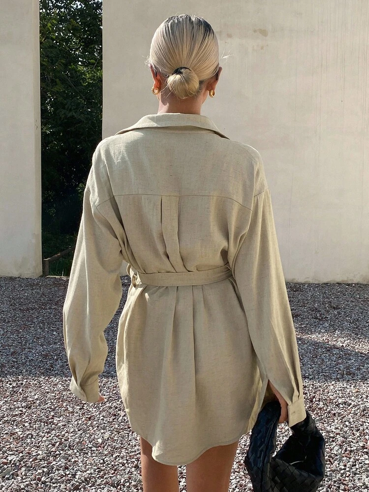 2pcs Women Casual Loose Solid Color Long Sleeve Collared Shirt And Straight Leg Bermuda Shorts Set, Street Style, Autumn/Winter,Fall Women Clothes Lounge Sets For Women