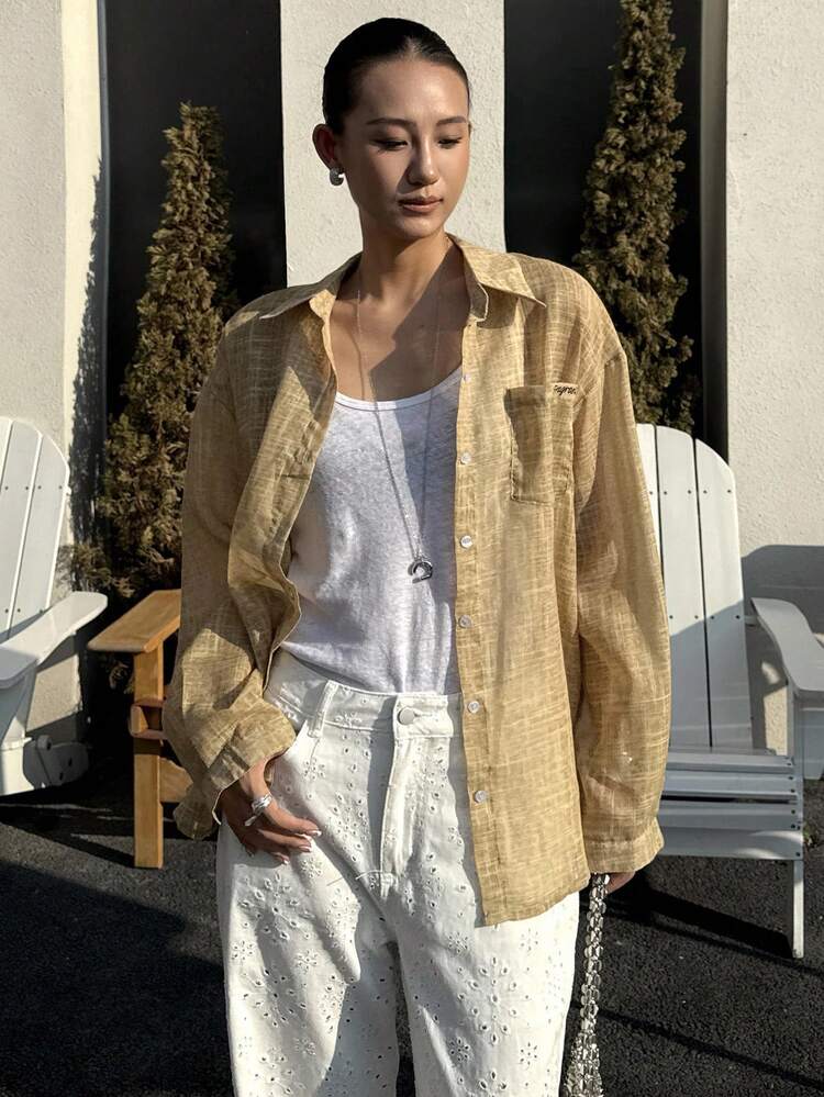 Women's Loose Fit Long Sleeve Linen Shirt With Letter Embroidery, Casual Collared Top For Autumn/Winter