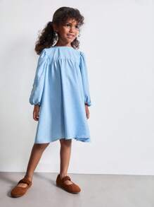 SHEIN Young Girls' Long Sleeve Embroidered Denim Effect Dresses, Autumn - Multicolor - View 1