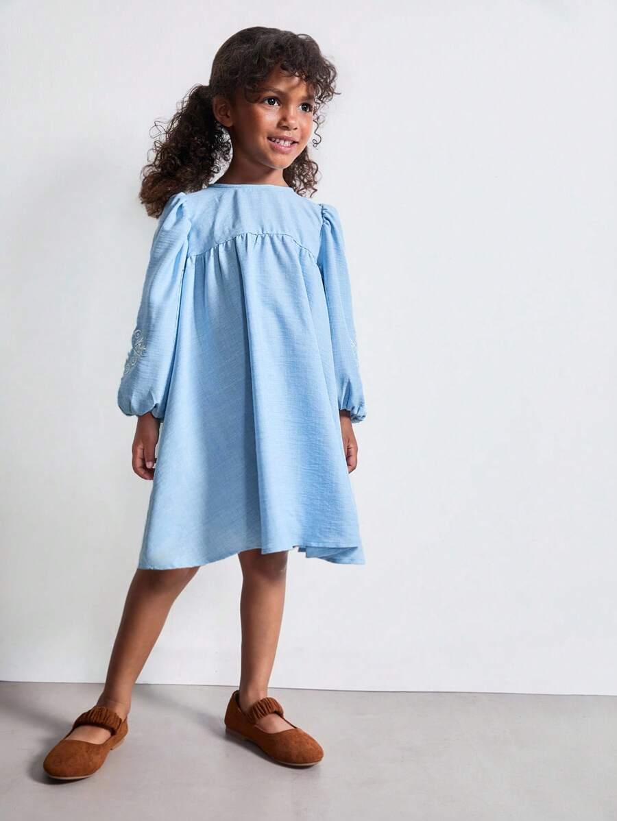 SHEIN Young Girls' Long Sleeve Embroidered Denim Effect Dresses, Autumn - Multicolor - View 1
