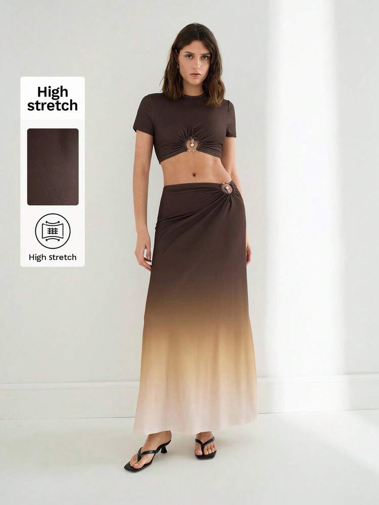 SHEIN Maija Women Summer 2 Pieces Set, Solid Color Round Neck Hollow-Out Shirred Details Short Sleeve Cropped Top And Ombre Color Midi Skirt, Elegant And Fashionable, Versatile For Casual, Holiday, Party, Festival