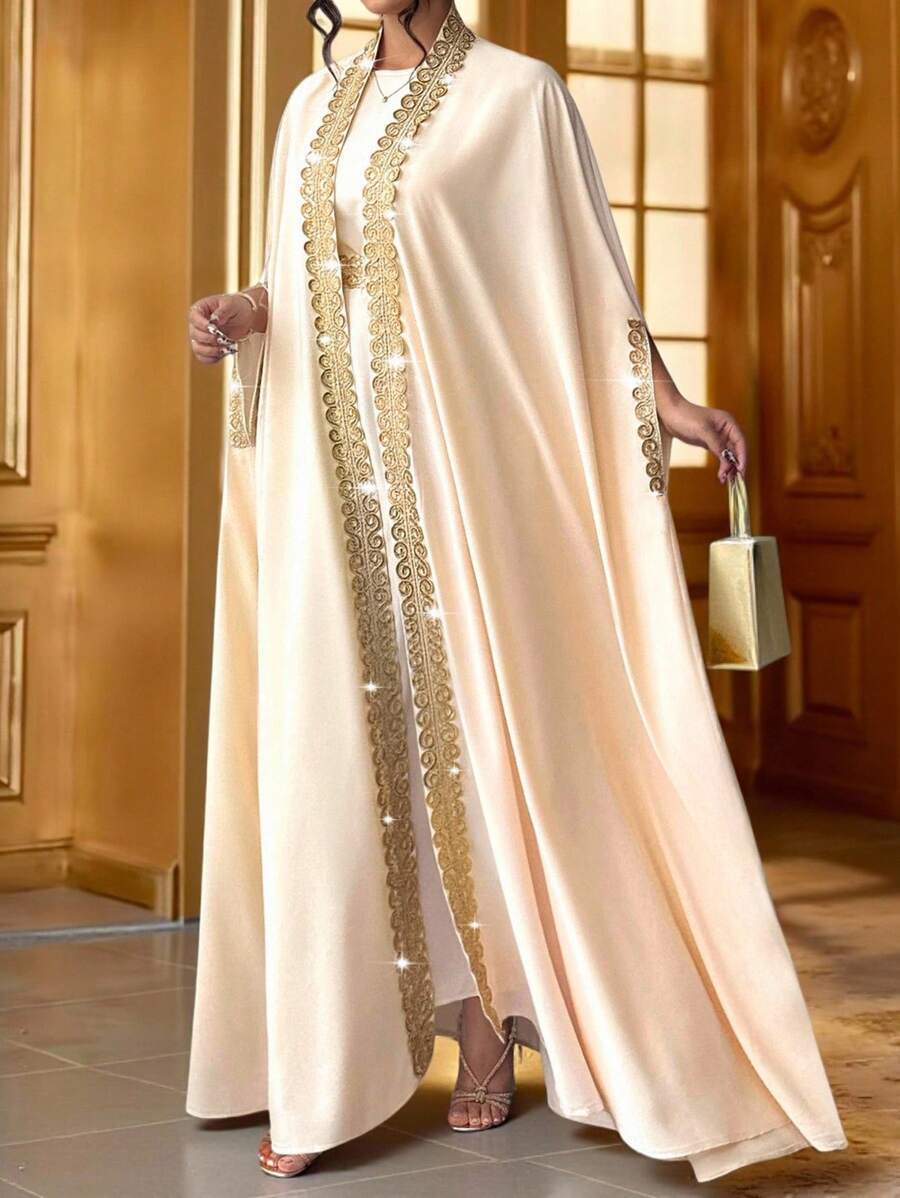 Elenzga 2 件套大码女士大码薄夹克和极简主义连衣裙，带金色花卉装饰，6 月上市 - 杏色 - 查看 1