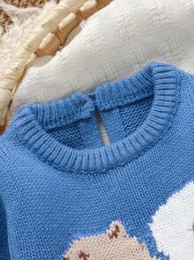 SHEIN 2pcs Cute Squirrel Jacquard Knit Baby Sweater Set, Round Neck Long Sleeve Top + Footed Pants, Casual Newborn Outfits Knitted Baby Boy Blue Outfit Baby Boy Winter Set Knit Two Piece Toddler Toddler Knit Set Squirrel Baby Outfit - Blue - View 6