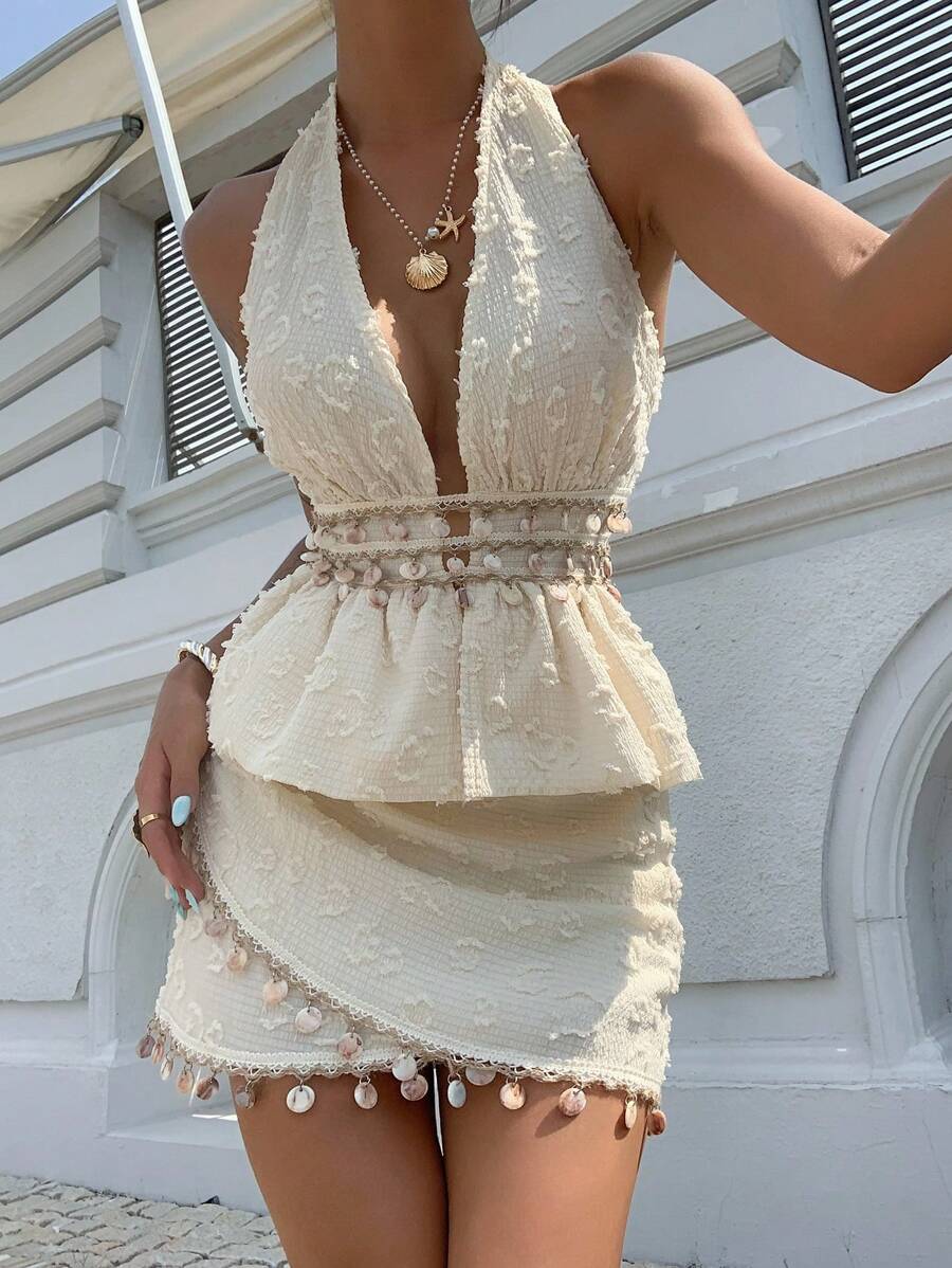 Serisse 2 件黄色提花露背短款上衣和低腰褶皱迷你裙套装，贝壳刺绣饰边海滩度假装 - 杏色 - 查看 1