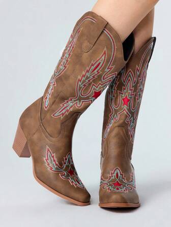 Fairycore Stivali da cowgirl alla caviglia da donna con dettagli a blocchi di colore e ricami, stivali casual stile western lunghi per attività all'aperto